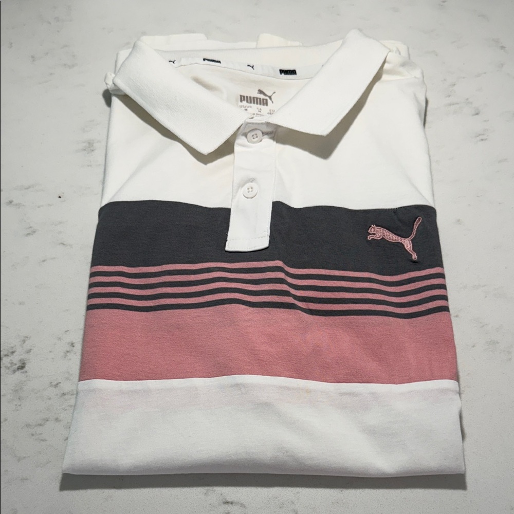 Puma White and Pink Polo with Black Stripes
